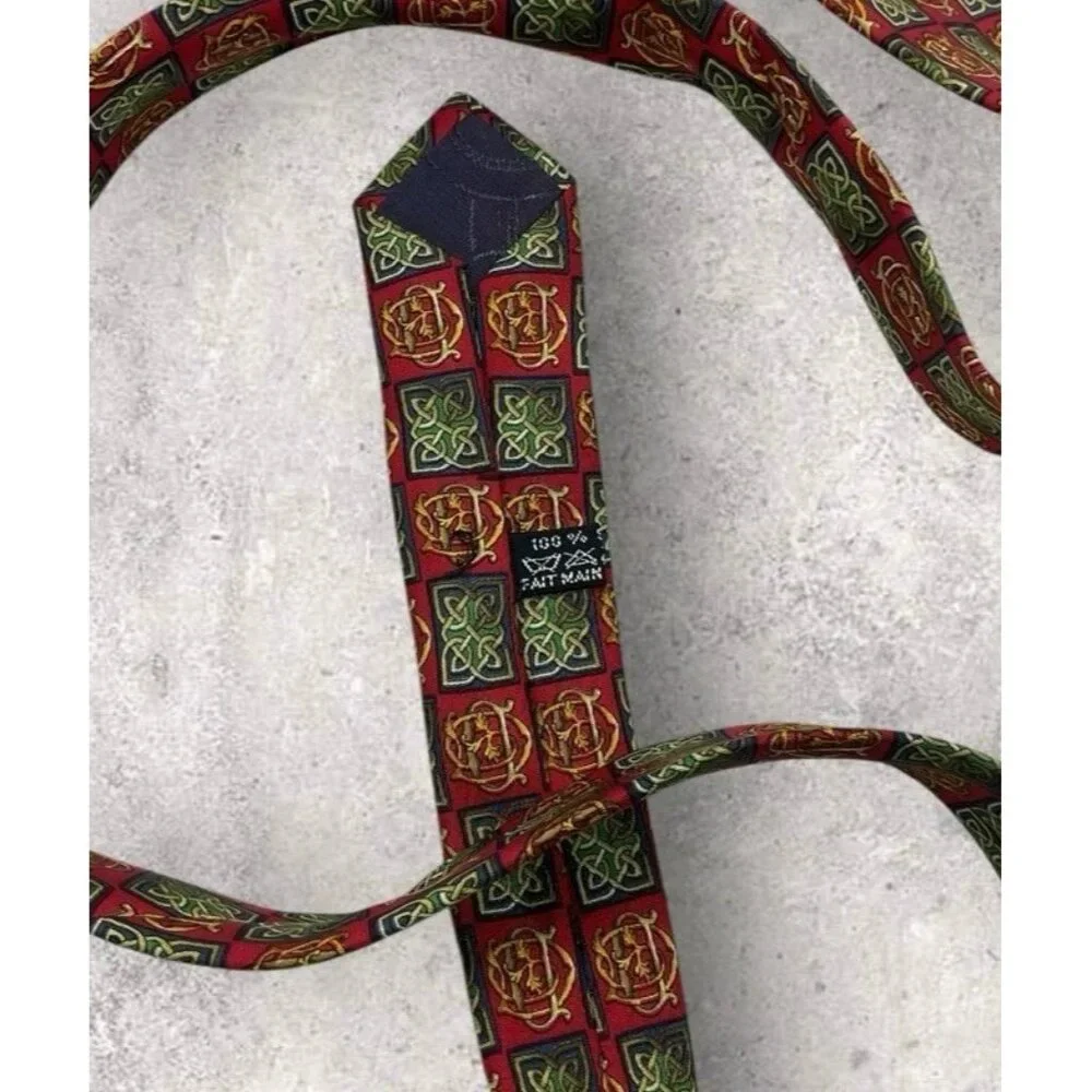 CHRISTIAN DIOR Silk Tie FRANCE Red Gold Monogram CD Baroque W:3.8" EUC - Picture 3 of 7